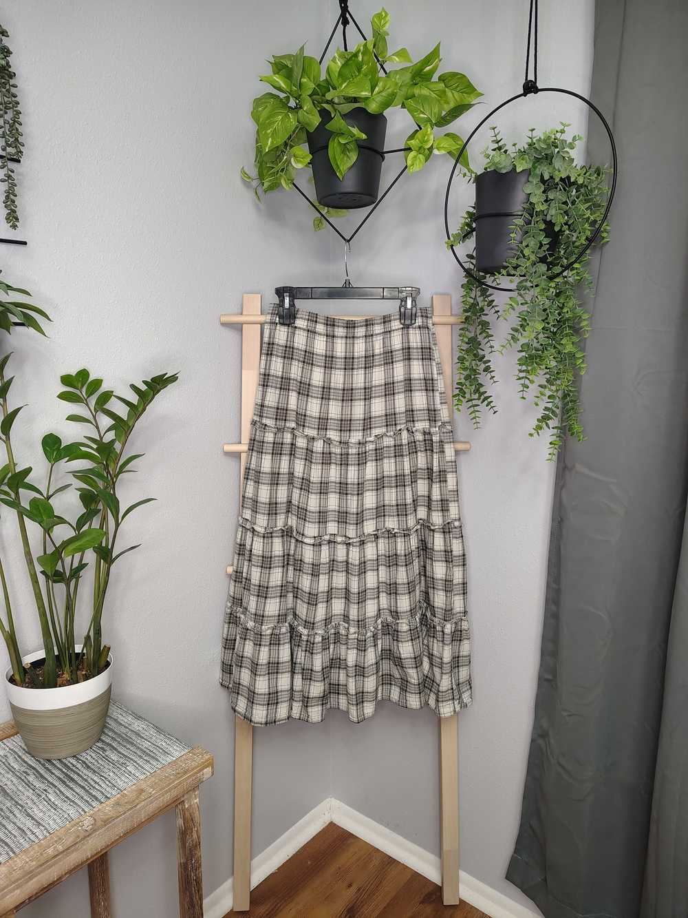 Tiered Plaid Maxi Skirt in White and Brown - Picture 3 of 5